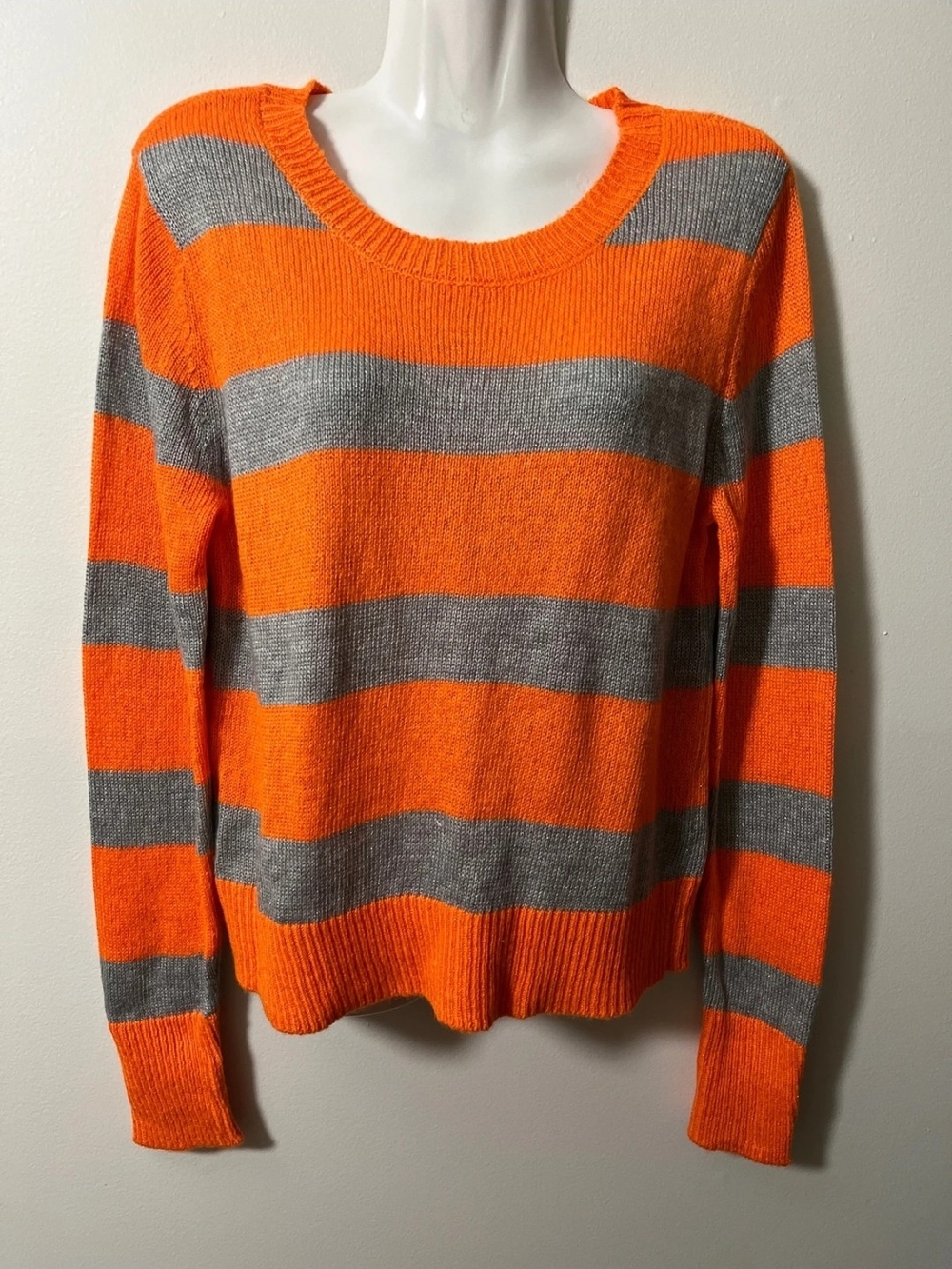 Aeropostale Orange and Gray Striped Crewneck Sweater